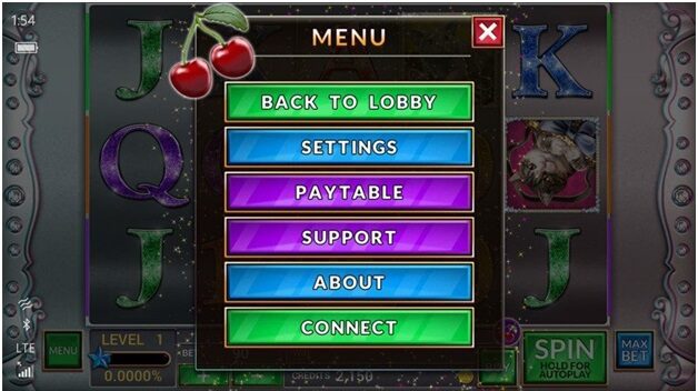 Slot machine help menu