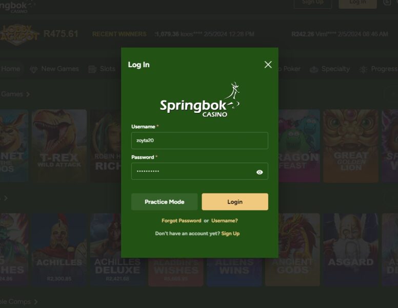 Springbok casino -login with user name and password